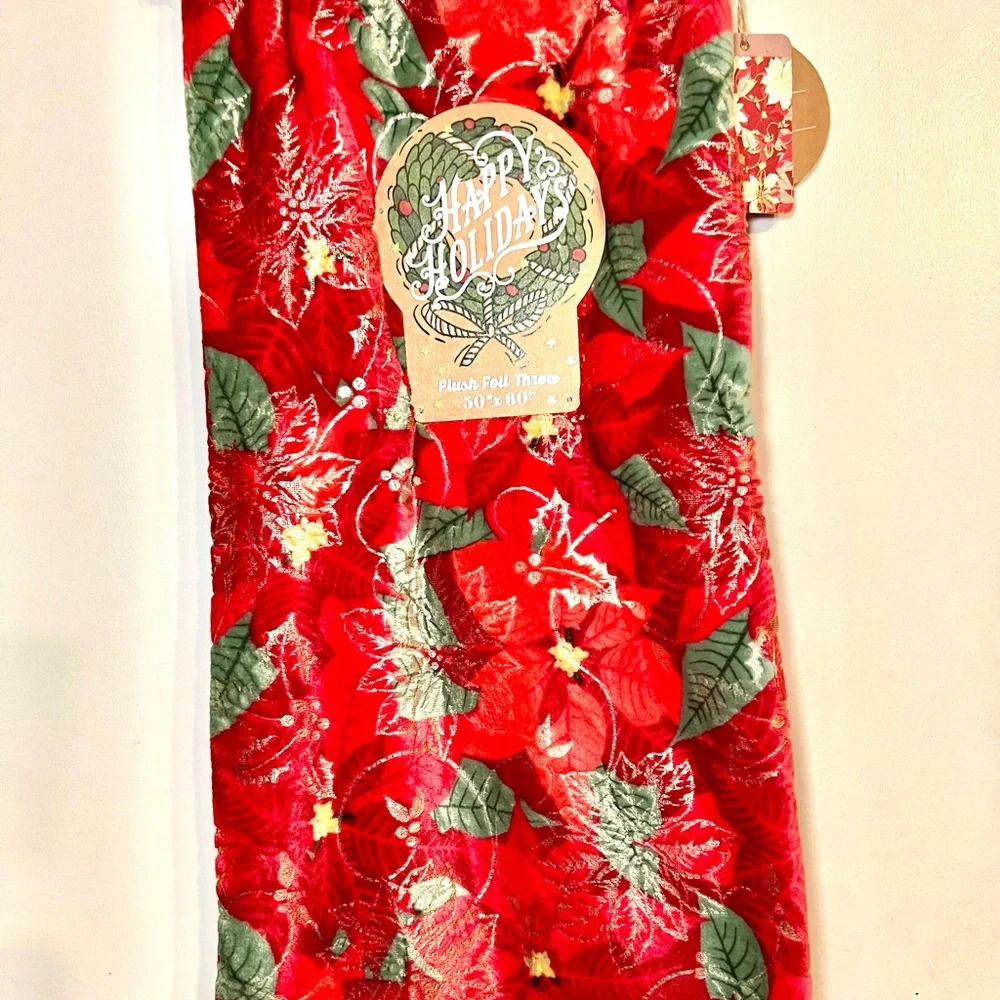 Christmas Red Poinsettia Flowers Plush Throw Blanket Gold Foil Green Leaves